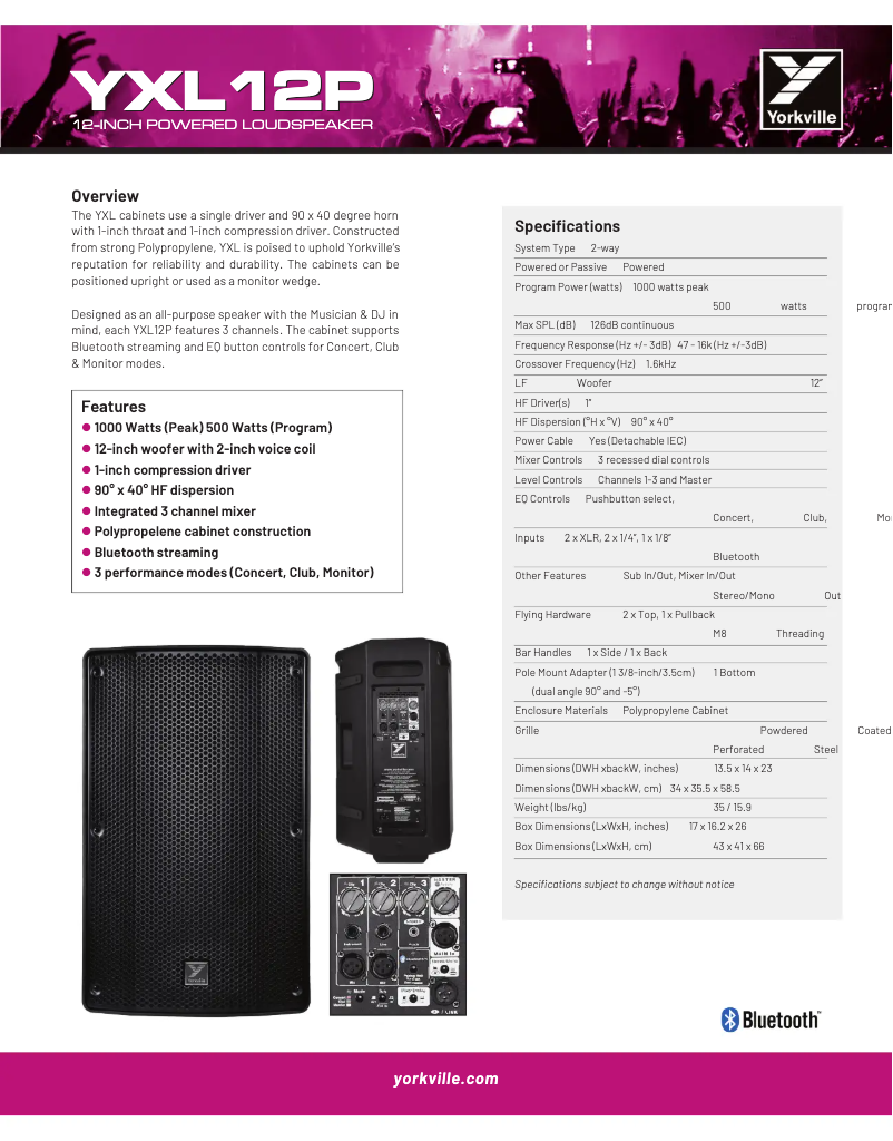 Page 1 de la notice Fiche technique Yorkville YXL12P