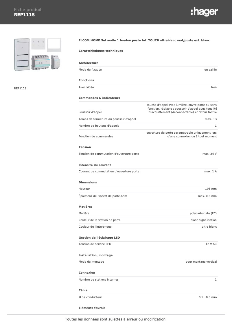 Page n°1 - Fiche technique Elcom REP111S