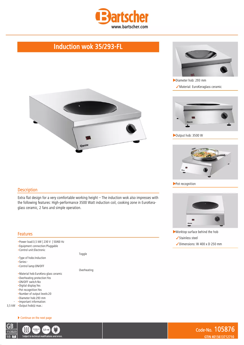 Page n°1 - Fiche technique Bartscher 105876