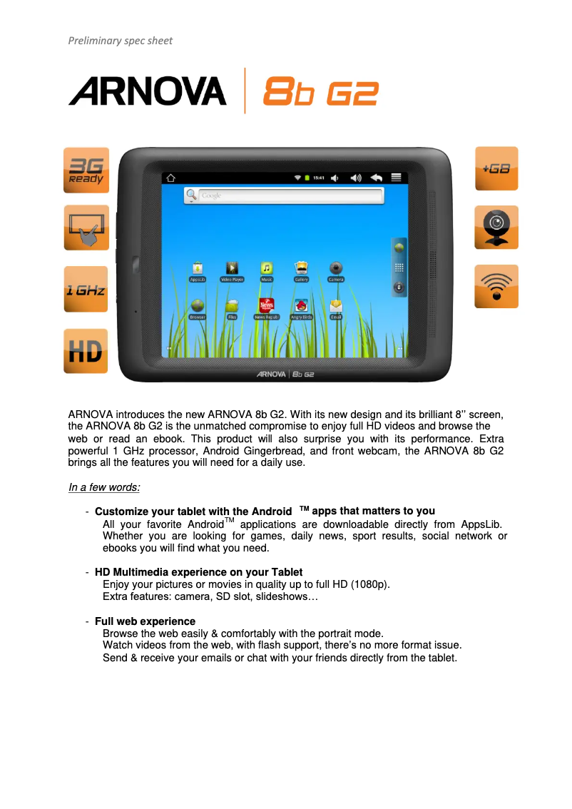Page 1 de la notice Manuel utilisateur Archos ARNOVA 8b G2