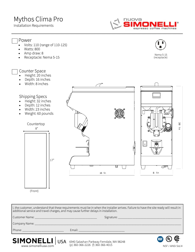 Page n°1 - Fiche technique Nuova Simonelli Mythos