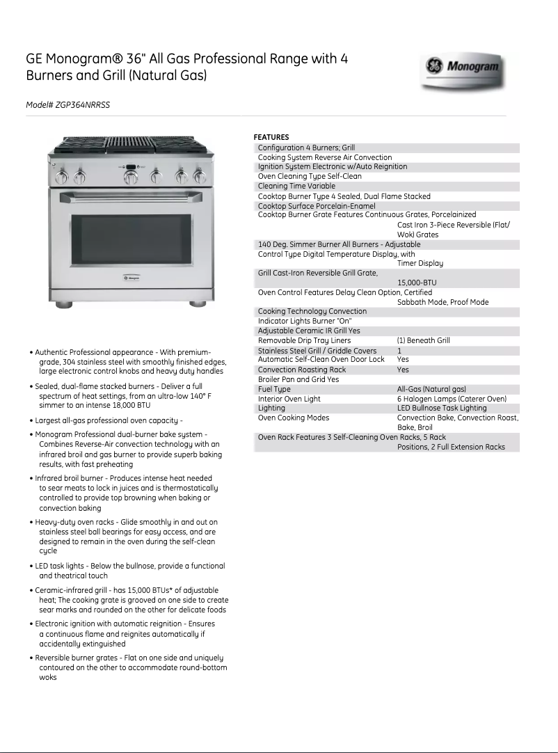 Page 1 de la notice Manuel utilisateur Monogram ZGP364NRRSS