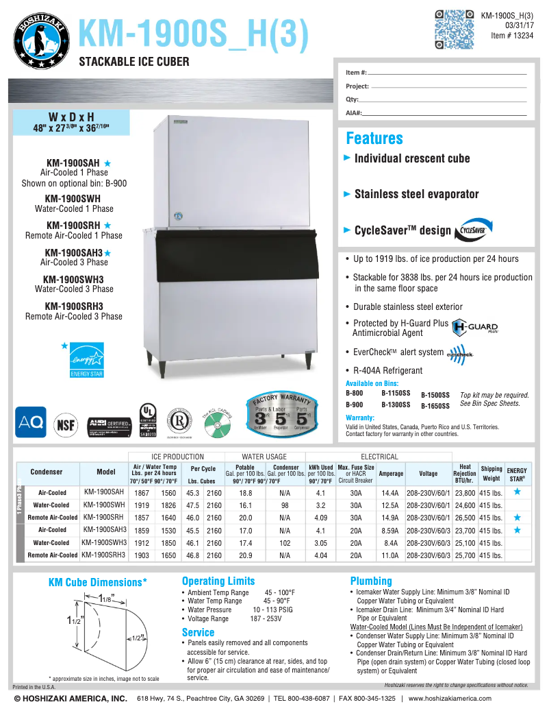 Página 1 del manual Ficha técnica Hoshizaki KM-1900SAH3