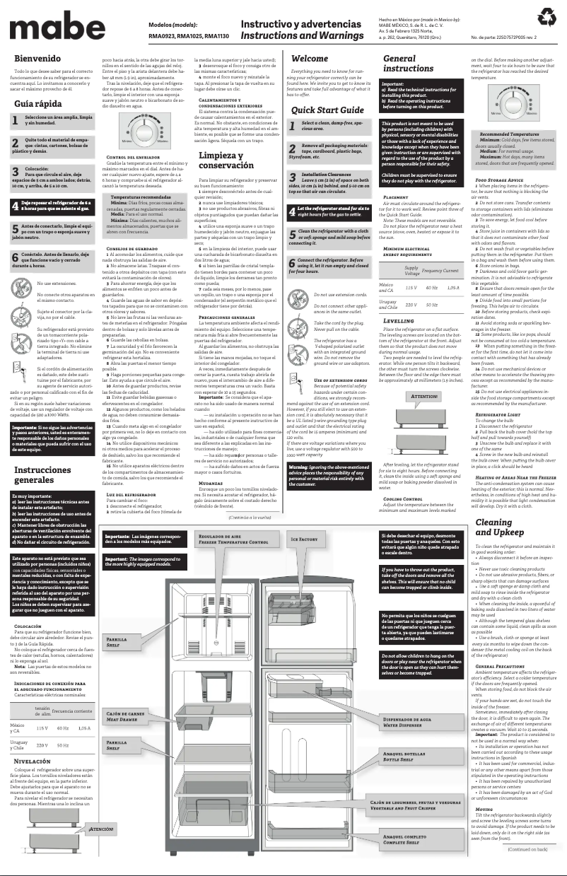 Page n°1 - Manuel utilisateur Mabe RMA1025YMXS1