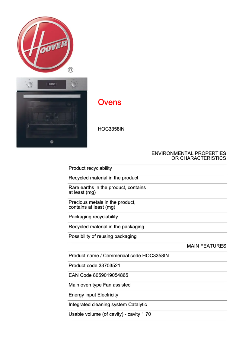 Page n°1 - Fiche technique Hoover H-OVEN 300 HOC3358IN