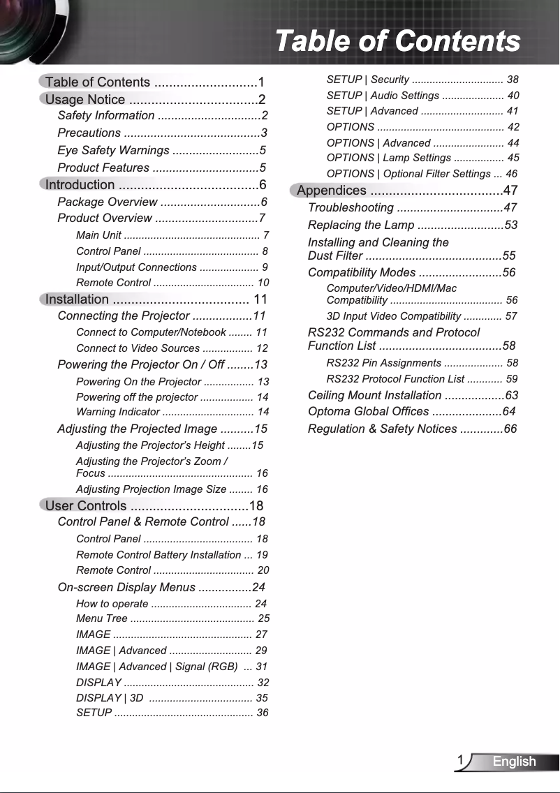 Page 1 de la notice Manuel utilisateur Optoma S316