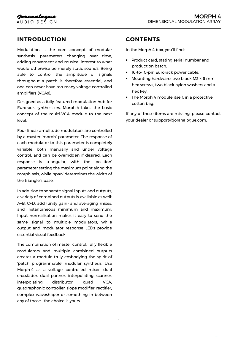 Page 1 de la notice Manuel utilisateur Joranalogue Morph 4