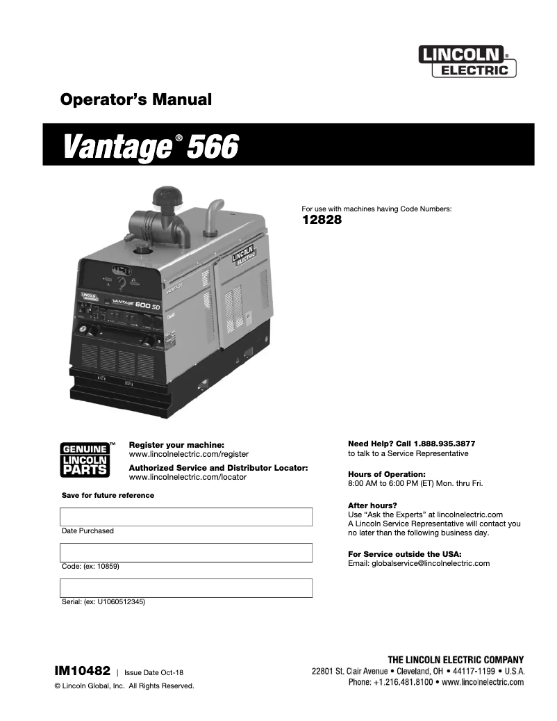 Page n°1 - Manuel utilisateur Lincoln Electric Vantage 566