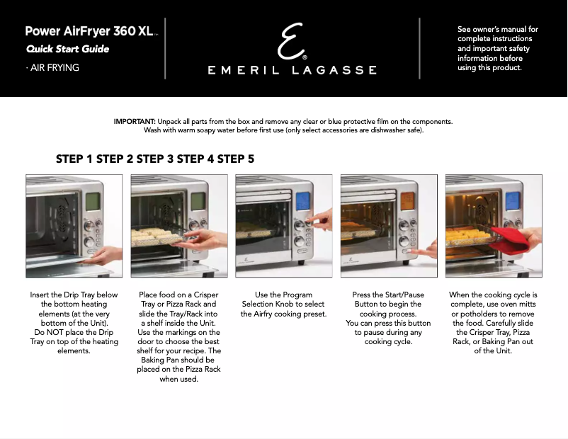 Page 1 de la notice Guide de démarrage rapide Emeril Lagasse Power AirFryer 360 XL S-AFO-004