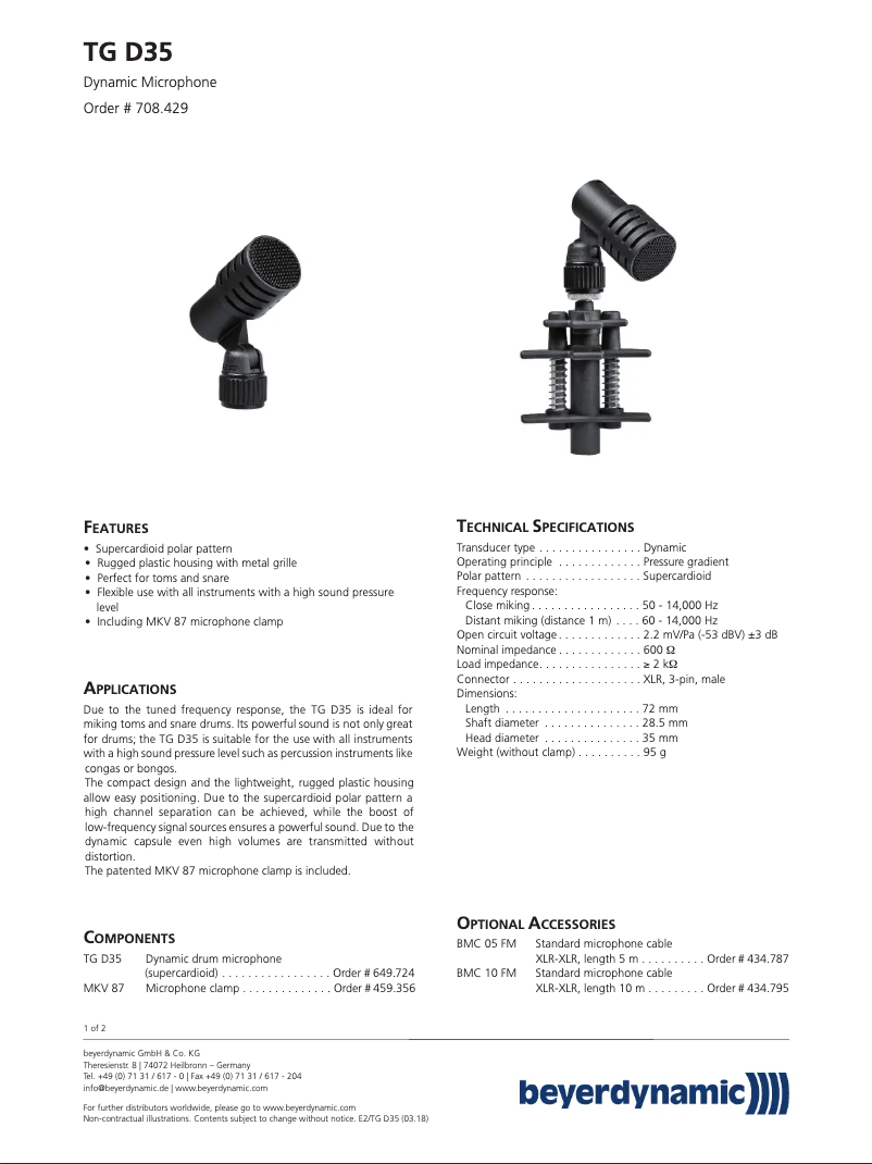 Page n°1 - Fiche technique Beyerdynamic TG D35