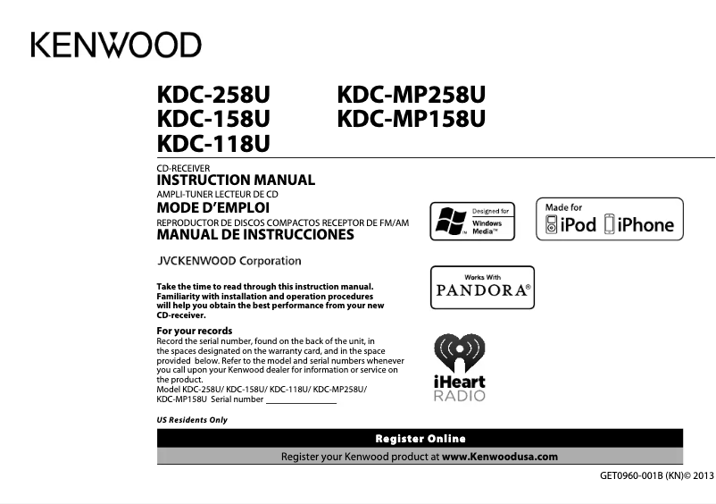 Page n°1 - Manuel utilisateur Kenwood KDC-118U