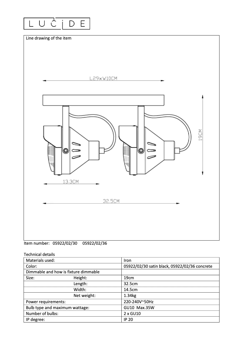Page 1 de la notice Manuel utilisateur Lucide Cicleta 05922/02/36