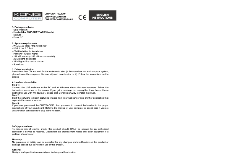 Page 1 de la notice Manuel utilisateur Konig CMP-WEBCAM75