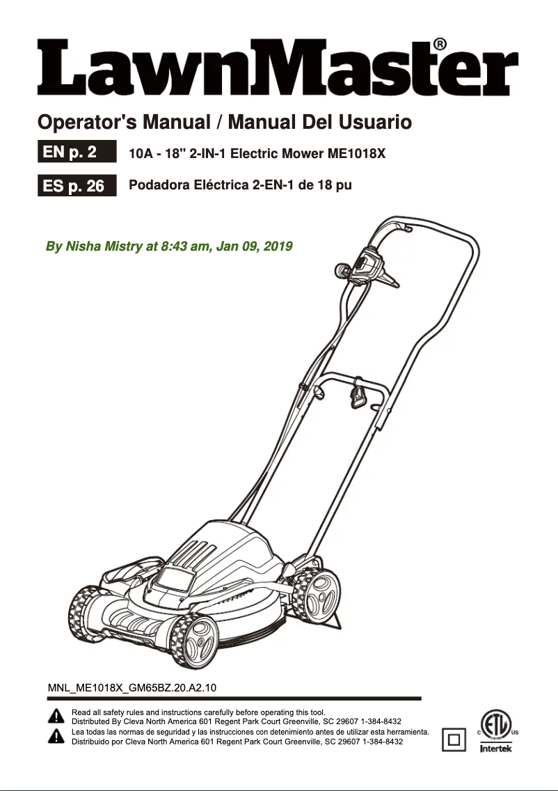 Page 1 de la notice Manuel utilisateur LawnMaster ME1018X
