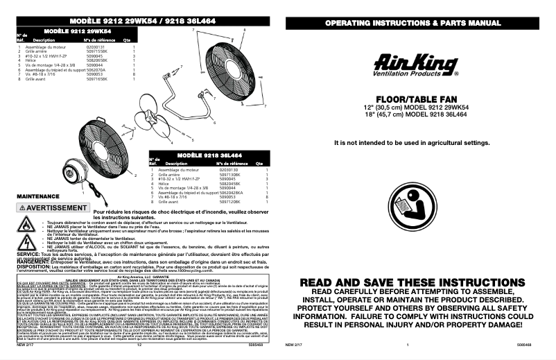 Page 1 de la notice Manuel utilisateur Air King 9212