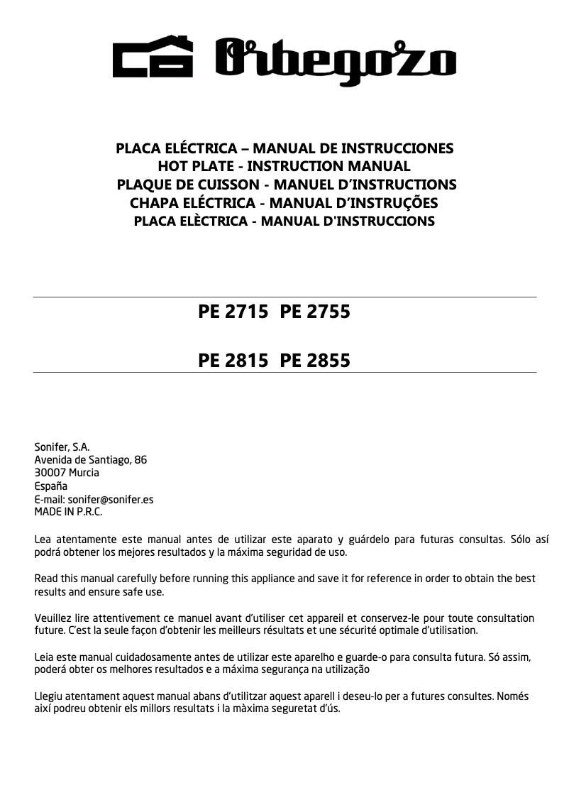 Page 1 de la notice Manuel utilisateur Orbegozo PE 2715