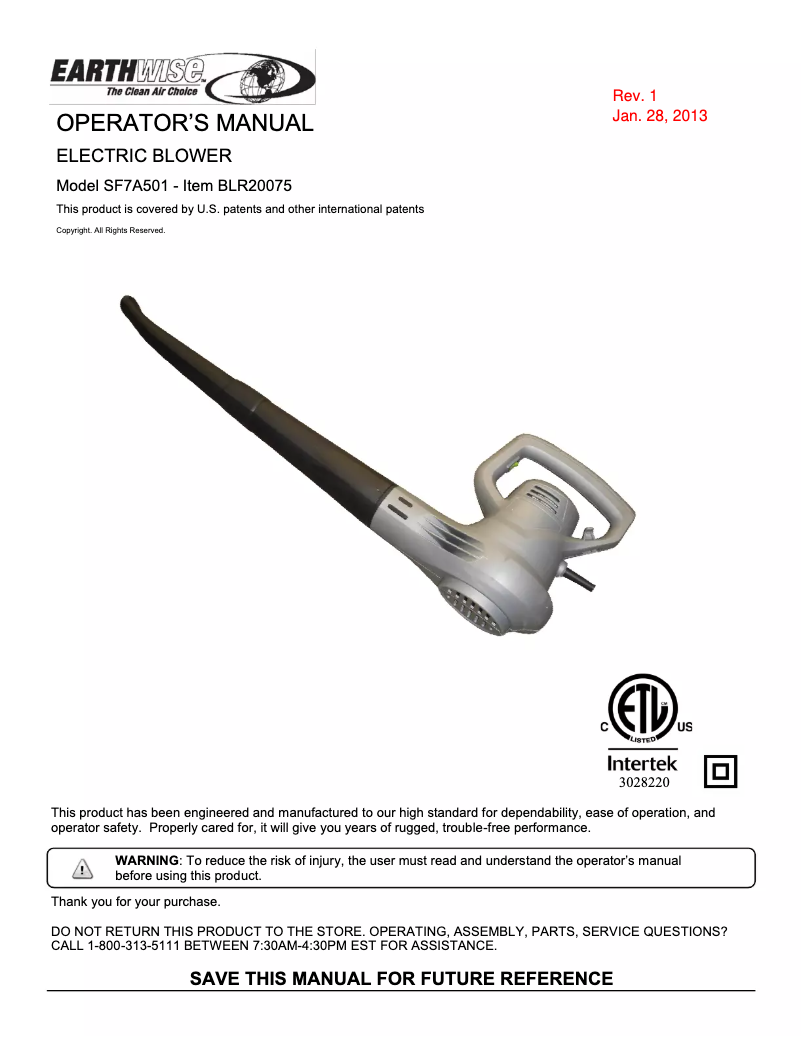 Page n°1 - Manuel utilisateur Earthwise BLR20075