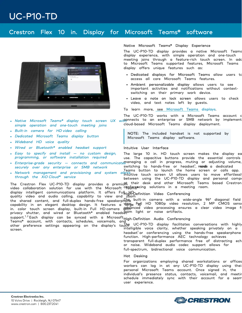 Página 1 del manual Ficha técnica Crestron UC-P10-TD
