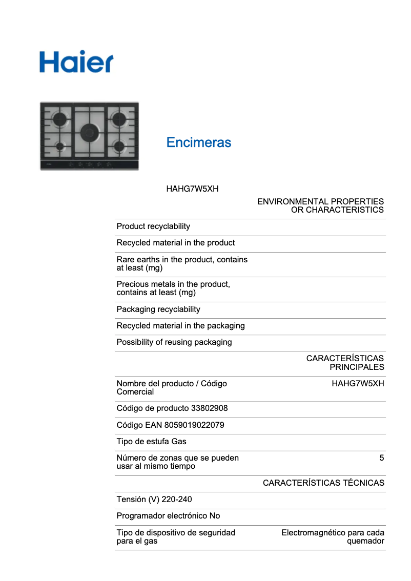 Page 1 de la notice Fiche technique Haier HAHG7W5XH