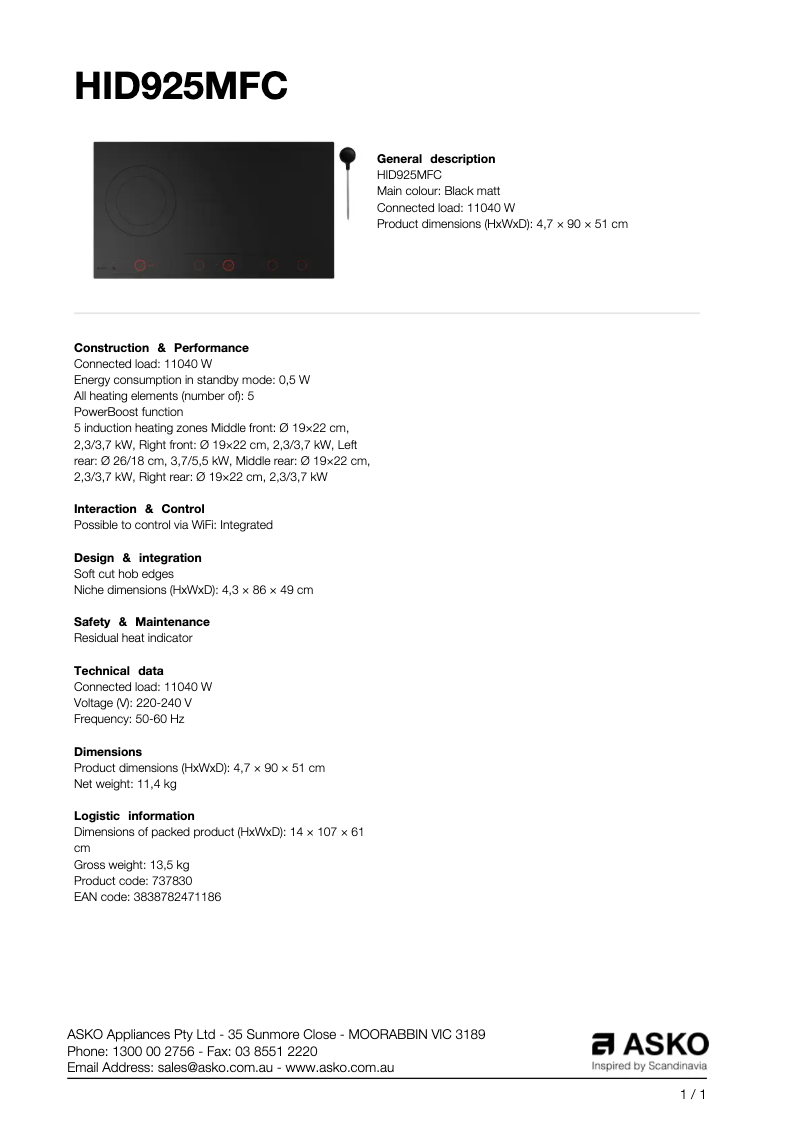 Page n°1 - Fiche technique Asko HID925MFC