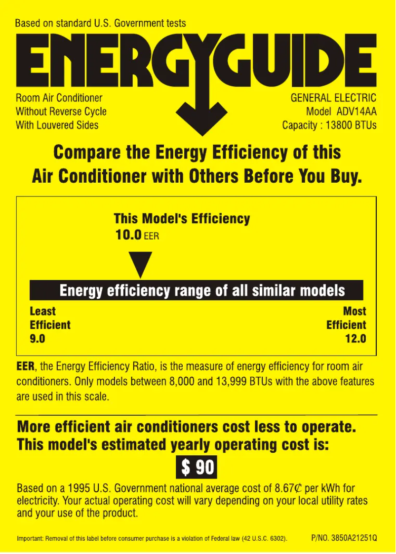 Page 1 de la notice Label énergétique GE ADV14AA