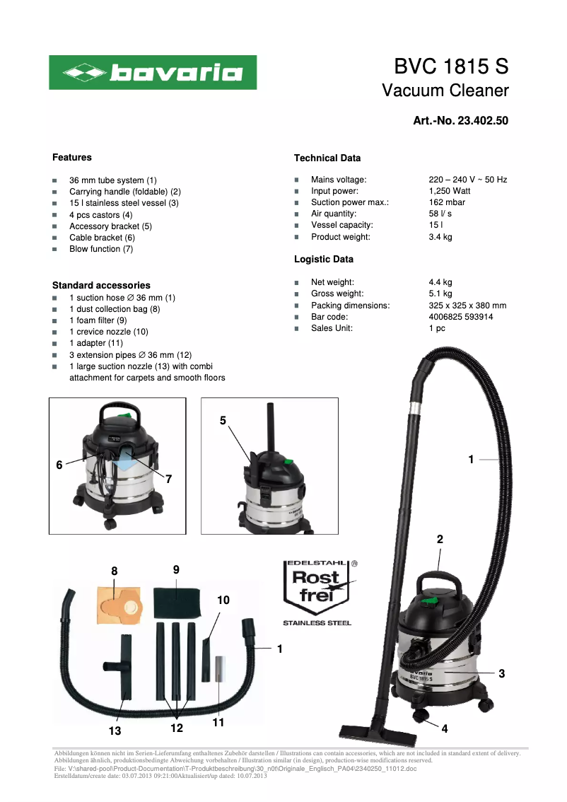 Página 1 del manual Ficha técnica Bavaria BVC 1815 S