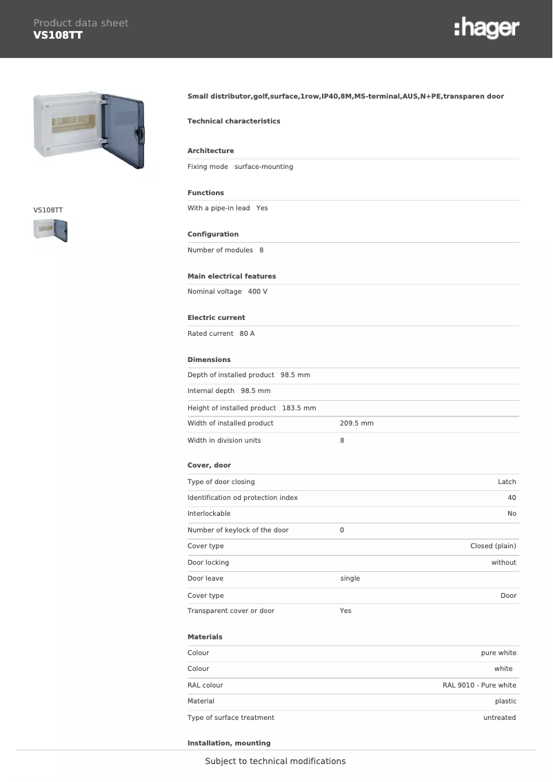 Page n°1 - Fiche technique Hager VS108TT