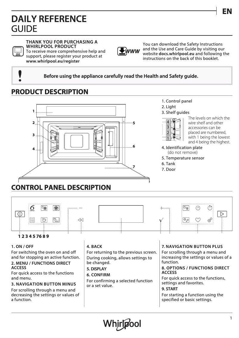 Page 1 de la notice Manuel utilisateur Whirlpool W7 MS450