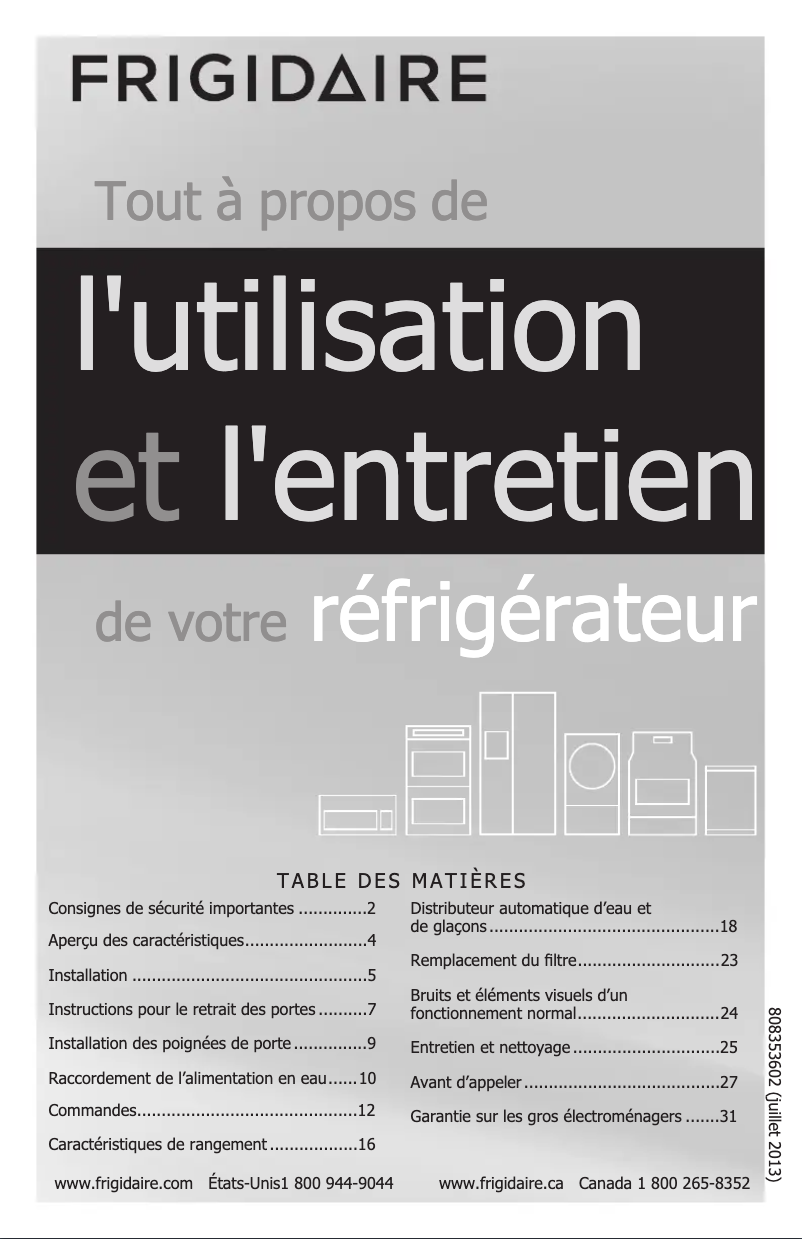 Page 1 de la notice Manuel utilisateur Frigidaire FFHS2622MS