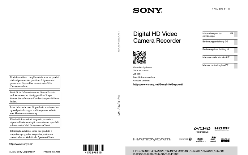 Page 1 de la notice Manuel utilisateur Sony HDR-PJ420VE