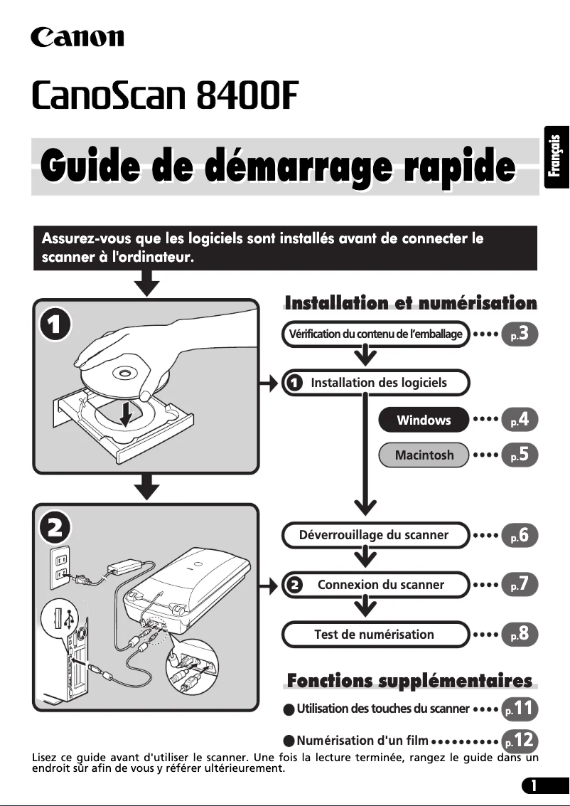 Image de la première page du manuel de l'appareil Canoscan 8400f