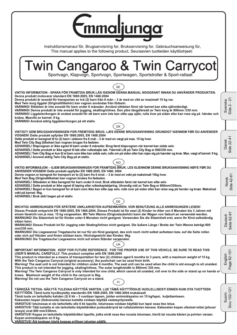Page 1 de la notice Manuel utilisateur Emmaljunga Twin Cangaroo