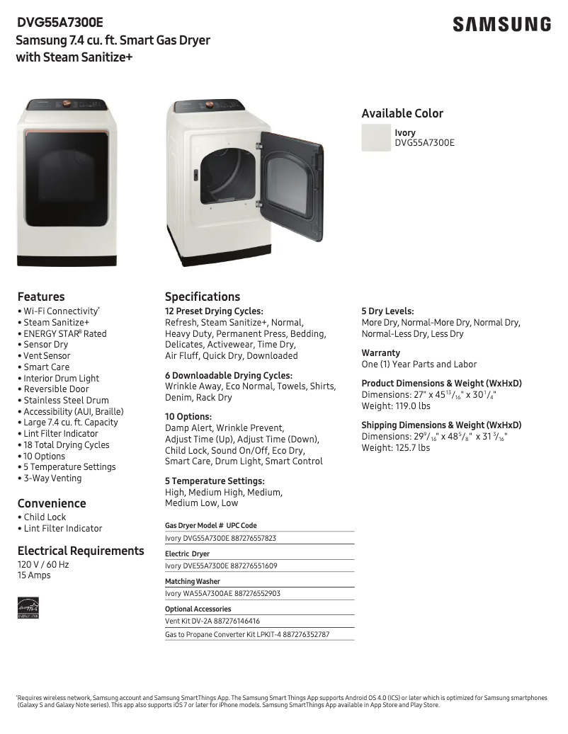 Página 1 del manual Ficha técnica Samsung DVG55A7300E