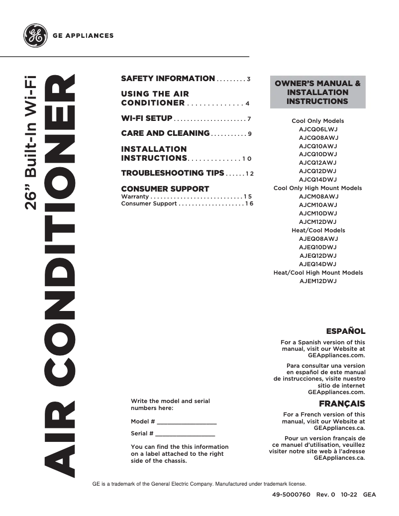 Page n°1 - Manuel d'utilisation et d'entretien GE AJCM10AWJ