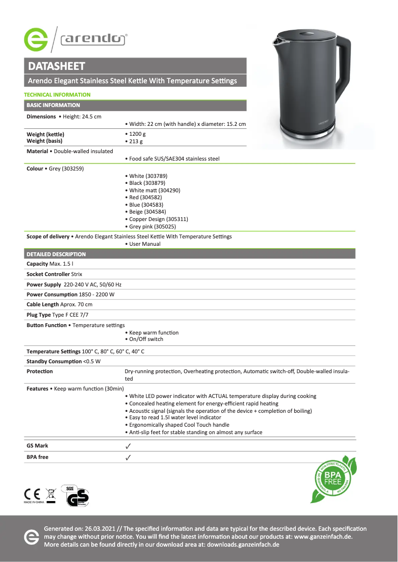 Page 1 de la notice Fiche technique Arendo Elegant 305025