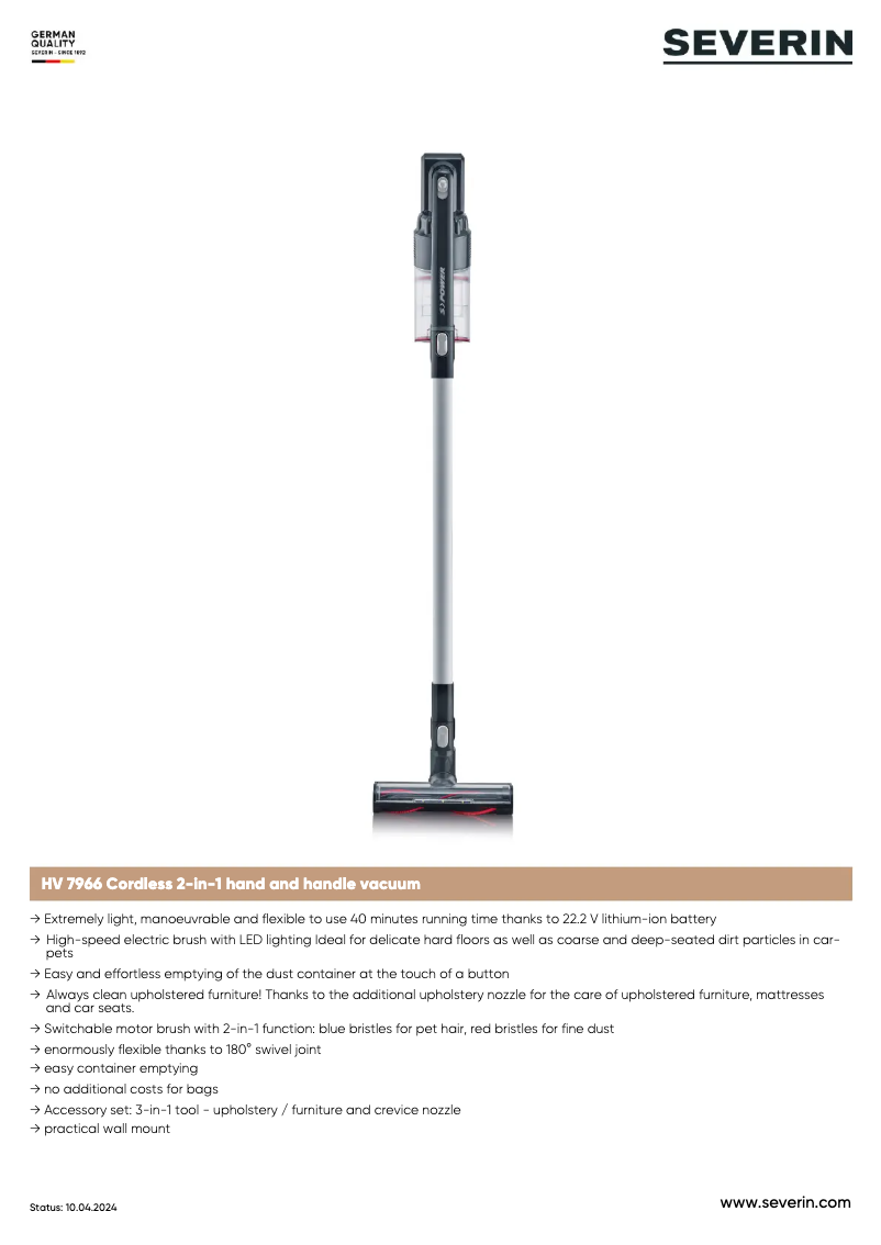 Page 1 de la notice Fiche technique Severin HV 7966