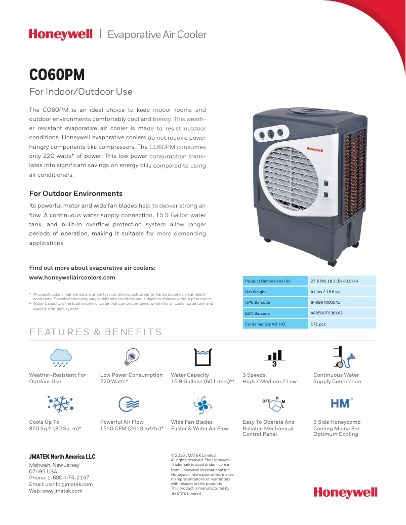 Page 1 de la notice Fiche technique Honeywell CO60PM