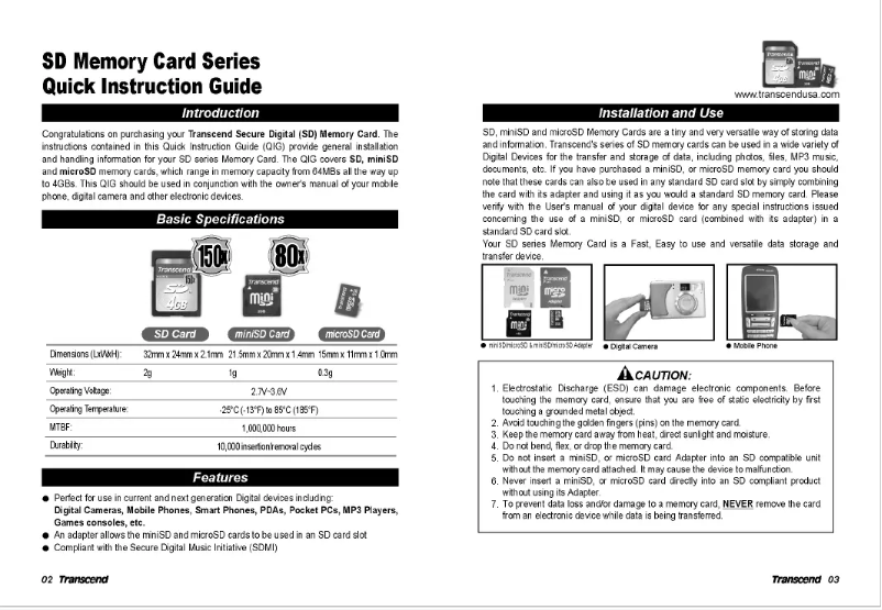 Page 1 de la notice Manuel utilisateur Transcend SDHC Class 4