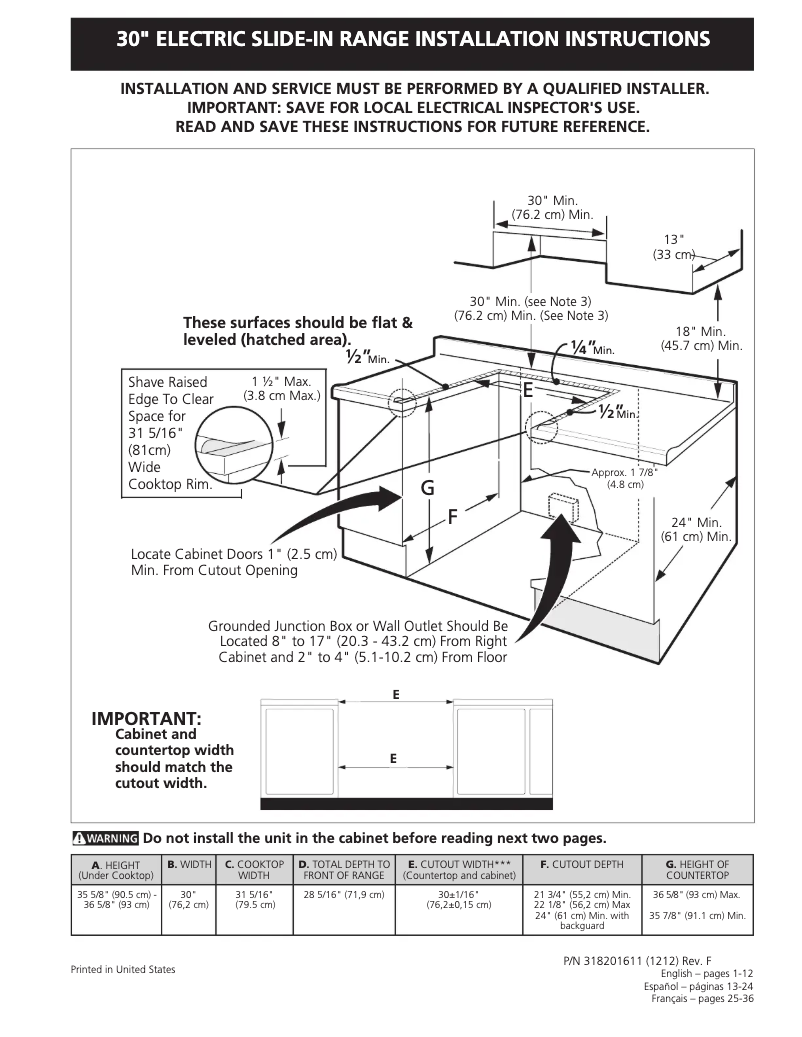 Page 1 de la notice Guide d'installation Frigidaire LES389FE