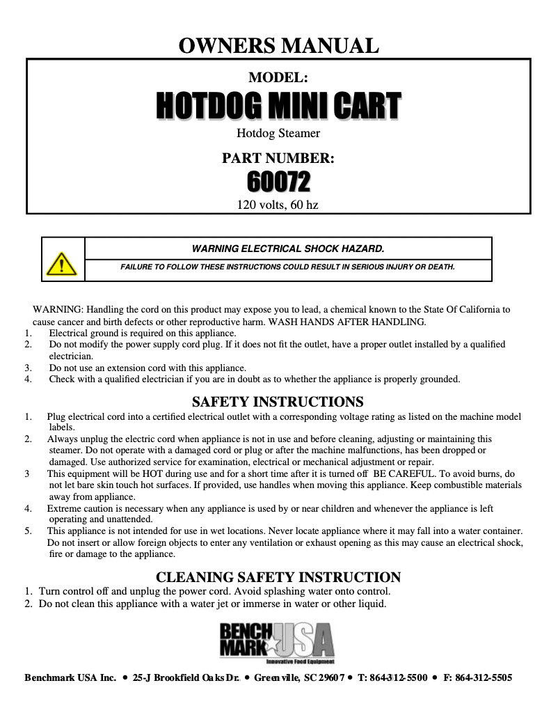 Page n°1 - Manuel utilisateur Benchmark USA Hot Dog Mini Cart