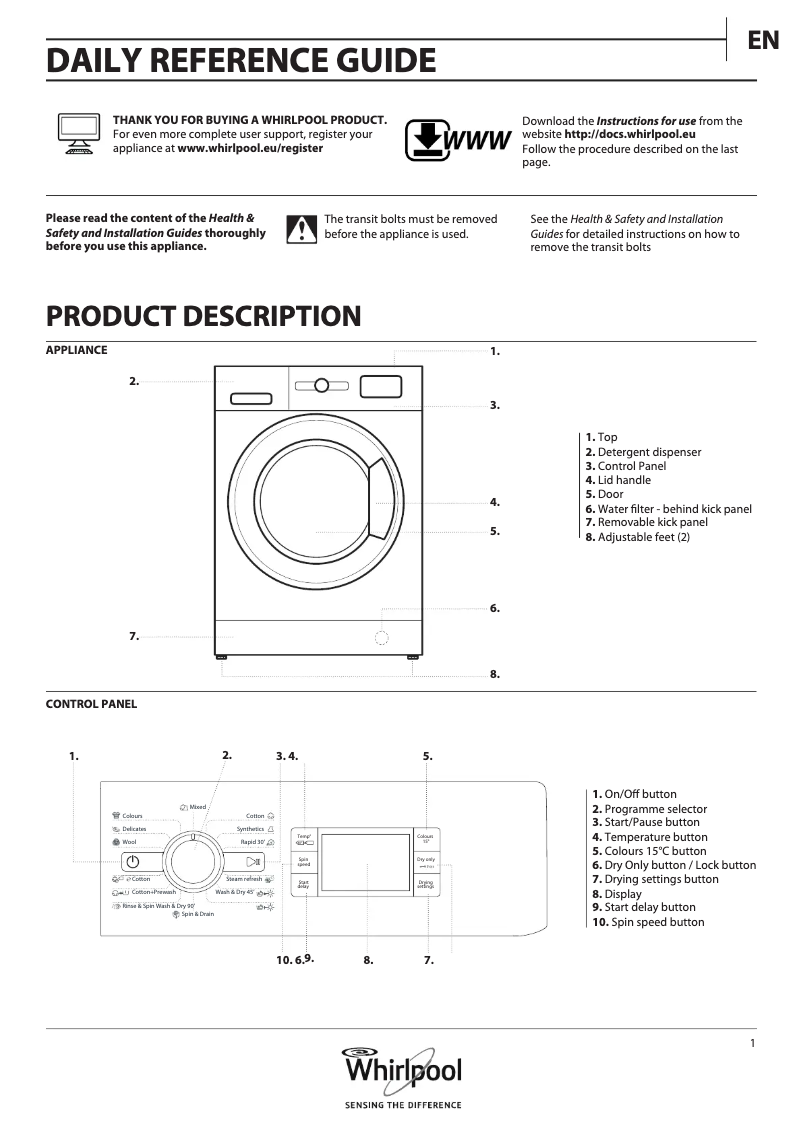 Page 1 de la notice Instructions / montage Whirlpool WWDC 9614 S