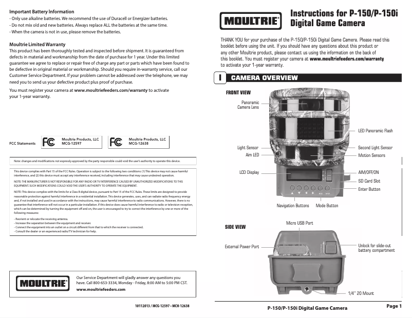 Page 1 de la notice Manuel utilisateur Moultrie Panoramic 150i