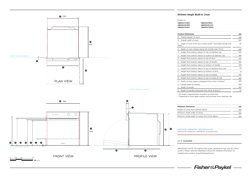 Page 1 de la notice Fiche technique Fisher & Paykel OB60SC5LCX1