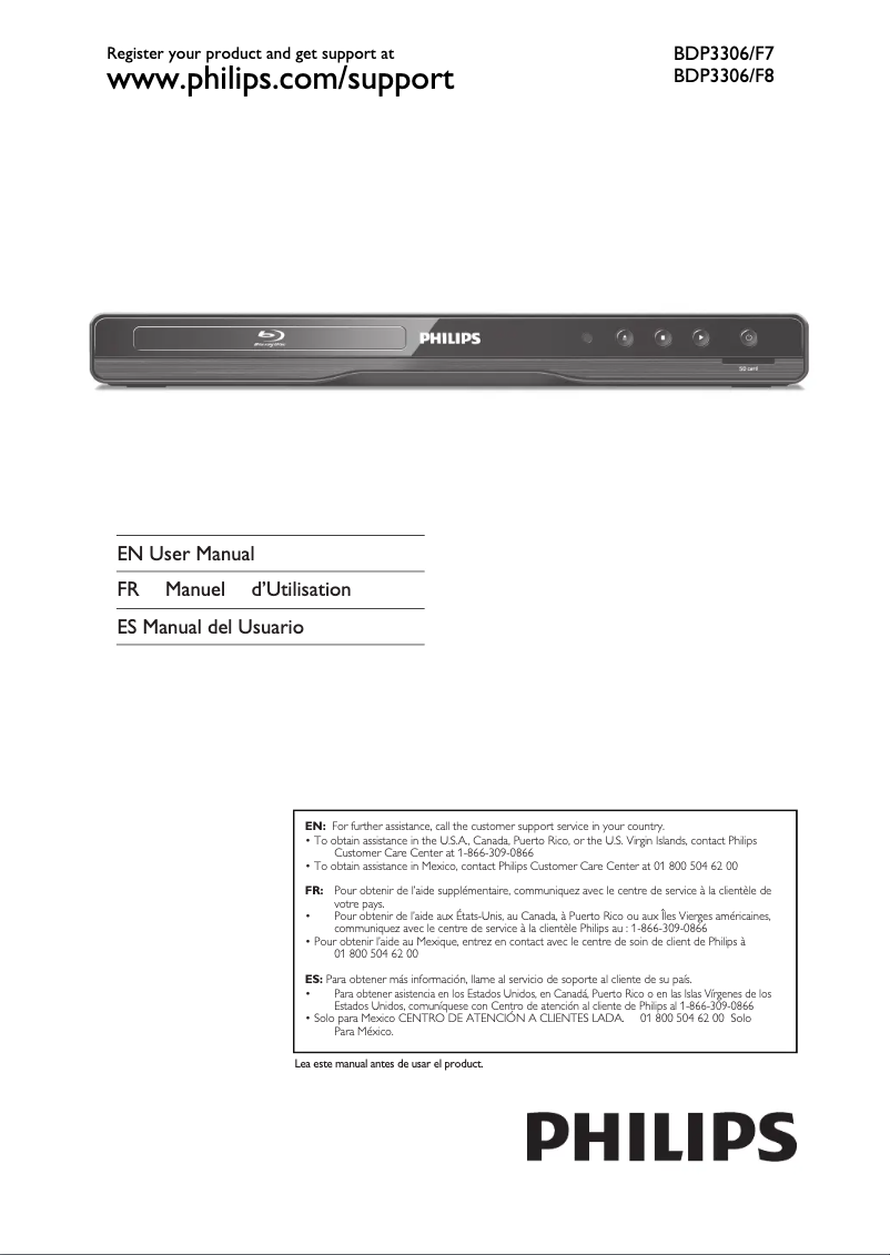 Page 1 de la notice Manuel utilisateur Philips BDP3306