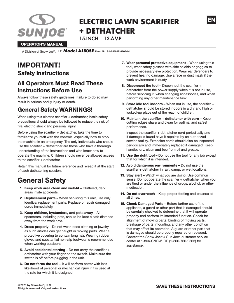 Page 1 de la notice Manuel utilisateur Sun Joe AJ805E