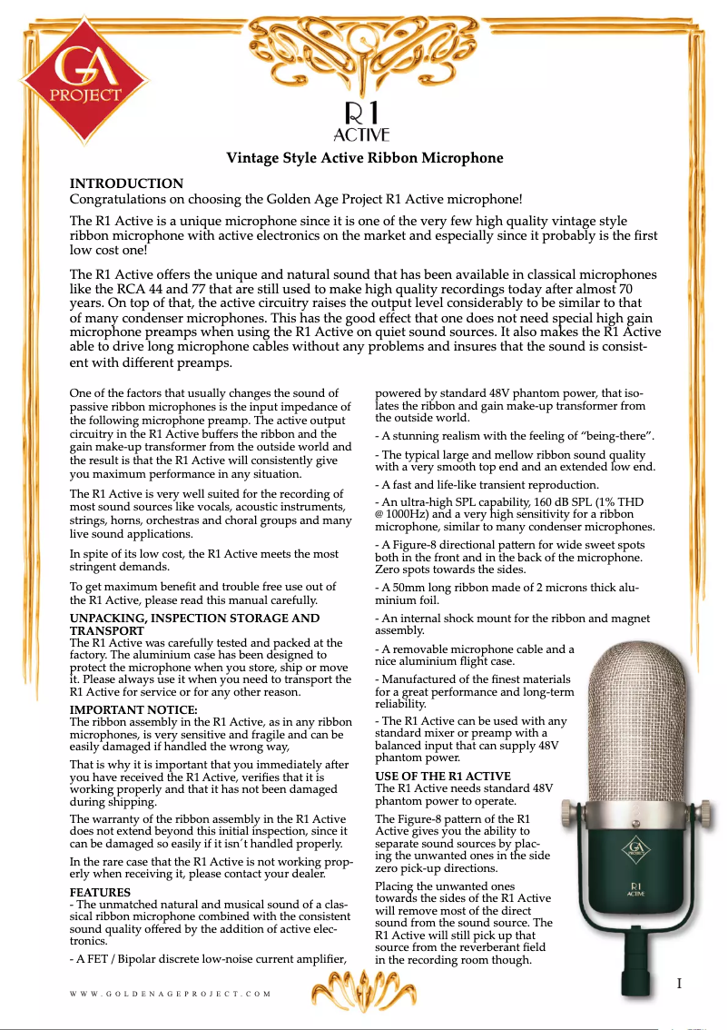 Page n°1 - Manuel utilisateur Golden Age Project R1 Active MKIII