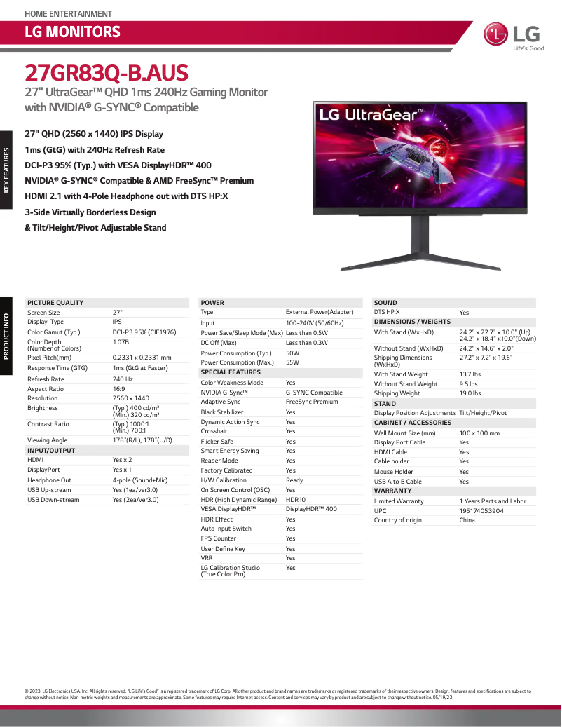 Página 1 del manual Ficha técnica LG 27GR83Q