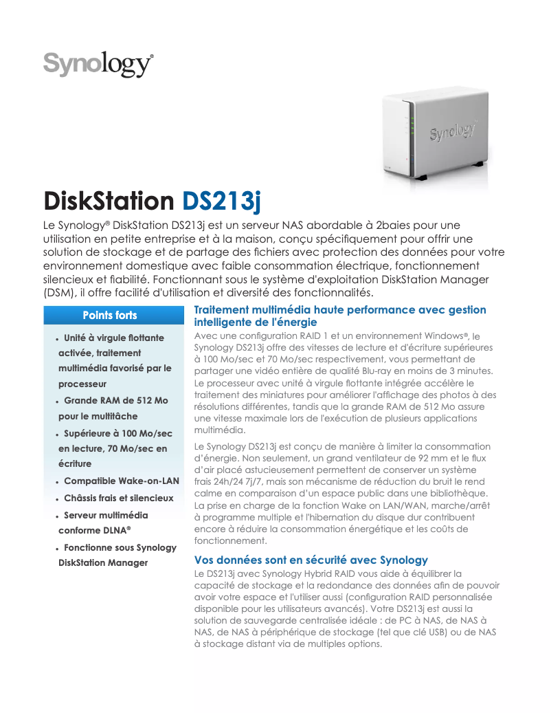 Page 1 of the manual Technical Sheet Synology DiskStation DS213j