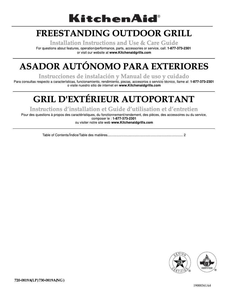 Page 1 de la notice Manuel d'utilisation et d'entretien KitchenAid 720-0819A