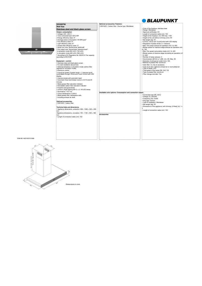 Page 1 de la notice Fiche technique Blaupunkt 5DO99750